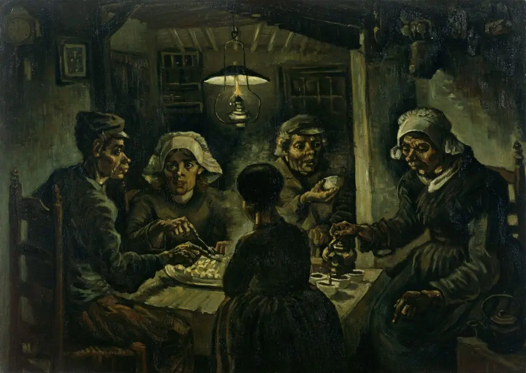 Vincent van Gogh’un “Patates Yiyenler” adlı tablosu, sanatçının güçlü ifadesi ve duygusal zenginliğiyle öne çıkan önemli eserlerinden biridir. Tuval, cesur renk paletiyle dikkat çeker; sarı ve kahverenginin uyumu, tablonun genel atmosferini sarar.