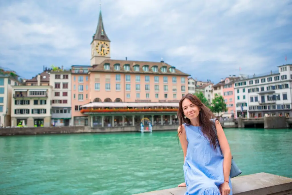 Beautiful woman enjoy vacation outdoors in Zurich, Switzerland