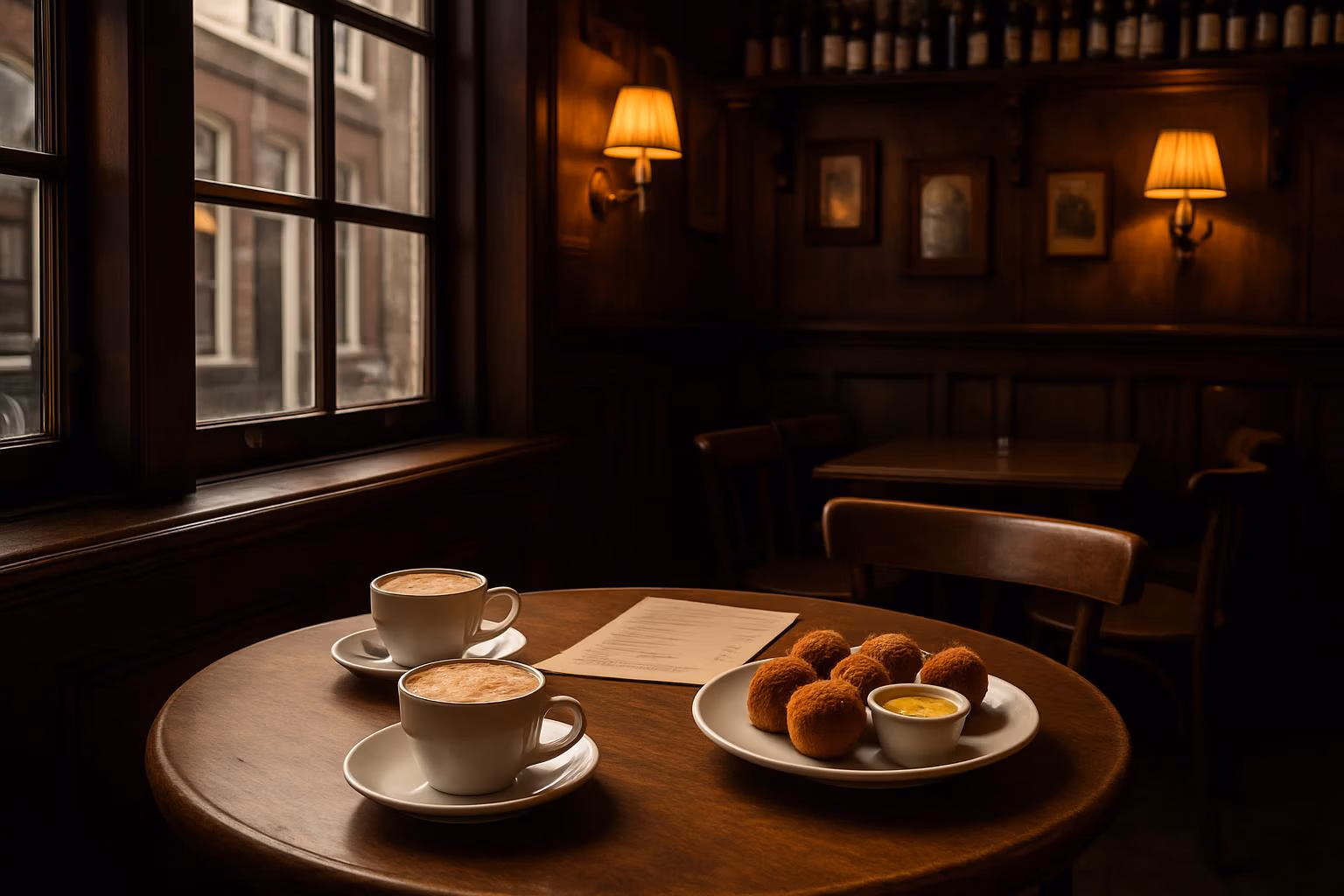 Amsterdam Pahalı mı? 2026 Tatil Bütçesi: Yeme, Konaklama, Ulaşım, Müze 1 Amsterdam'da geleneksel brown cafe içinde kahve ve bitterballen tabağı — Amsterdam yeme içme bütçesi ve yerel lezzet duraklar