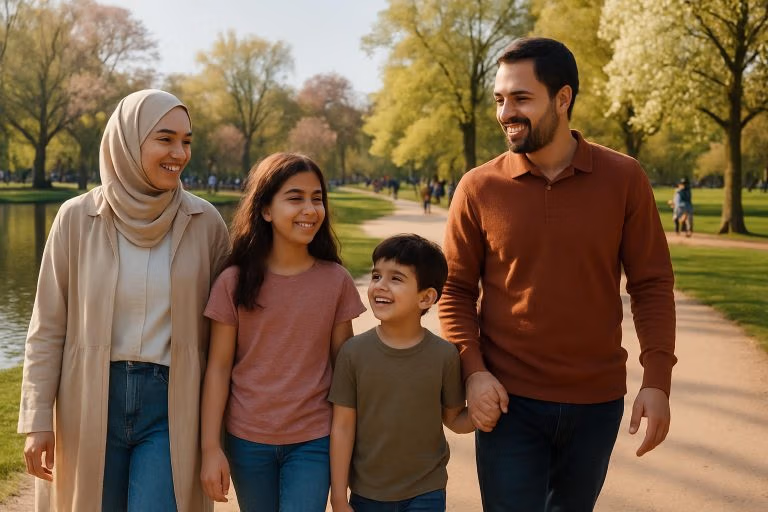 Vondelpark Amsterdam'da yürüyüş yapan Türk aile (anne baba ve iki çocuk) — Amsterdam çocukla tatil aile dostu rotalar