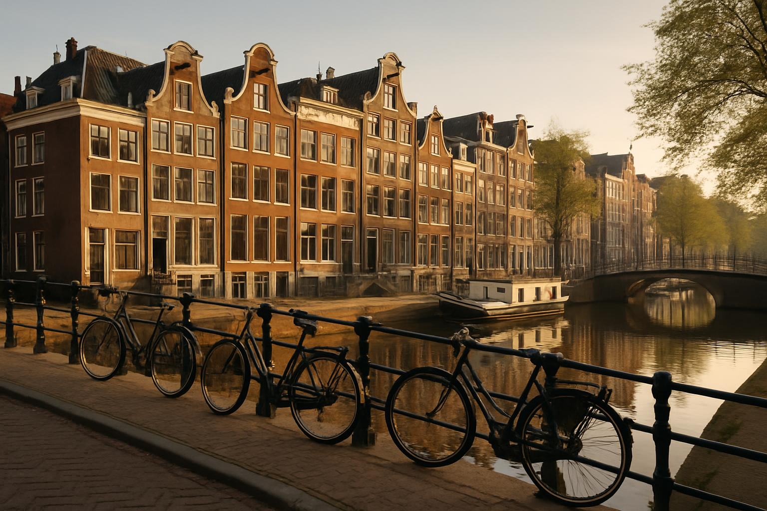 İlk Kez Amsterdam'a Gidenler İçin 15 Pratik İpucu (2026 Rehberi) 1 Amsterdam kanalı sabah ışığında klasik Hollanda evleri ve park edilmiş bisikletler — ilk kez Amsterdam'a gidenler için rota önerisi