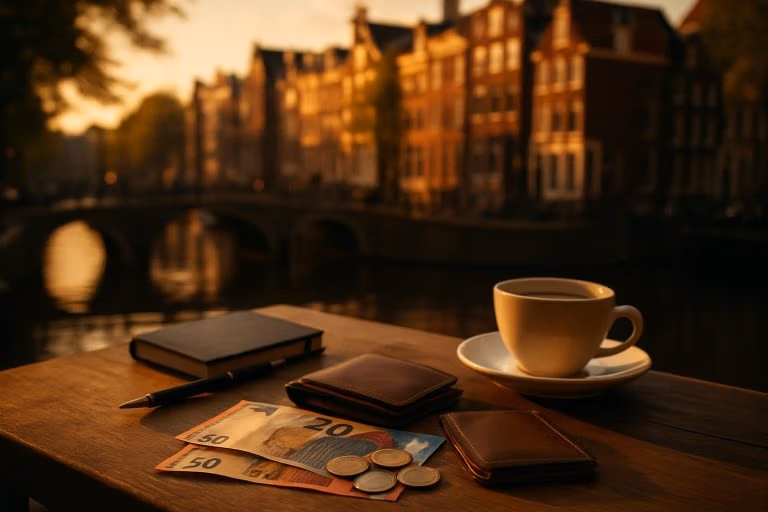 Amsterdam kanalı manzarası önünde masa üzerinde euro banknotları, cüzdan ve not defteri — Amsterdam 2026 tatil bütçesi rehberi