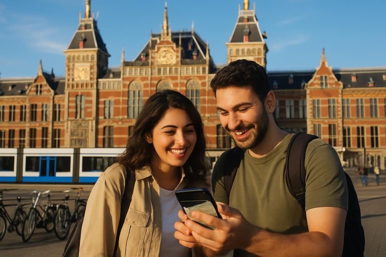 Amsterdam Centraal Garı önünde harita kontrol eden Türk turist çift — ilk kez Amsterdam'a gidenler için pratik ipuçları