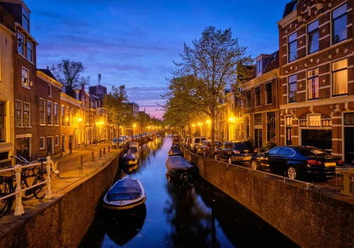 Canal and houses in the evening. Haarlem, Netherlands
